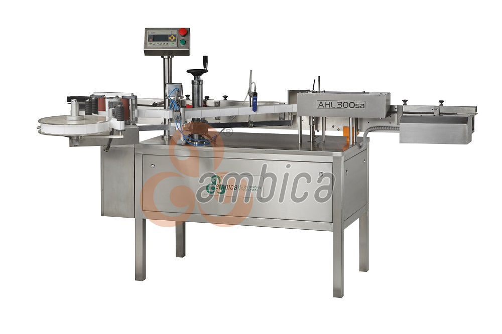 Automatic Self Adhesive (Sticker) Pneumatic Labeling Machine for Big Round Containers with Big Label Size. Models: AHL-100PSA 