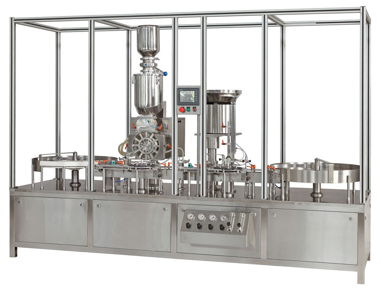 Automatic Multi Axis Servo Driven Injectable Dry Powder Filling with Servo Driven Pick and Place Type Rubber Stoppering and Cap Crimping Machine for Small Scale Batches and R&D. Model: AHPF-30CS